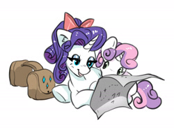 Size: 2409x1817 | Tagged: safe, alternate version, artist:opalacorn, imported from derpibooru, rarity, sweetie belle, pony, unicorn, bag, belle sisters, cute, duo, duo female, female, filly, foal, hair over one eye, horn, inktober, inktober 2024, lidded eyes, lying down, map, mare, open mouth, open smile, prone, saddle bag, siblings, simple background, sisters, smiling, white background