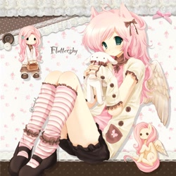 Size: 2048x2048 | Tagged: safe, artist:bonnybel_, imported from derpibooru, fluttershy, anthro, pegasus, pony, 2000s, anime style, bow, chibi, clothes, green eyes, hair bow, holding, kneesocks, looking at you, lying down, on side, pink hair, plushie, shirt, shoes, sitting, socks