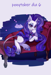 Size: 1984x2880 | Tagged: safe, artist:zackchibi, imported from derpibooru, rarity, classical unicorn, pony, unicorn, blood, clothes, cloven hooves, colored hooves, costume, ear fluff, fainting couch, fangs, female, high res, hock fluff, hooves, horn, leonine tail, looking at you, lying down, mare, missing cutie mark, nightmare night costume, on side, ponytober, smiling, smiling at you, solo, unshorn fetlocks, vampire costume