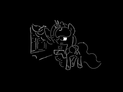 Size: 1440x1080 | Tagged: safe, artist:cloudsdalian, imported from derpibooru, princess luna, alicorn, pony, black background, curtains, female, magic, night, simple background, solo, telekinesis, window