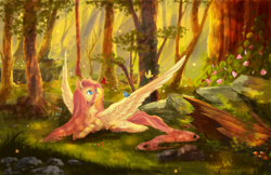 Size: 4000x2588 | Tagged: safe, artist:aquagalaxy, imported from derpibooru, fluttershy, bird, pegasus, pony, female, forest, grass, lying down, mare, nature, outdoors, prone, scenery, smiling, solo, spread wings, tail, tree, wings