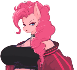 Size: 979x892 | Tagged: safe, artist:apple_somflo, imported from derpibooru, pinkie pie, anthro, earth pony, big breasts, breasts, bust, busty pinkie pie, choker, clothes, eyeshadow, female, huge breasts, jacket, makeup, mare, narrowed eyes, off shoulder, simple background, white background