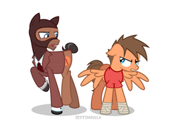 Size: 2000x1454 | Tagged: safe, artist:zeffdakilla, imported from derpibooru, earth pony, pegasus, pony, angry, bandage, clothes, disgusted, father and child, father and son, looking at each other, looking at someone, male, mask, ponified, raised hoof, raised leg, scout, simple background, spread wings, spy, suit, team fortress 2, white background, wings