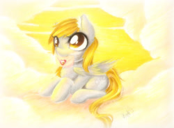 Size: 2295x1691 | Tagged: safe, artist:spidershii, imported from derpibooru, derpy hooves, pegasus, pony, cloud, female, folded wings, letter, lying down, lying on a cloud, mare, mouth hold, on a cloud, outdoors, prone, solo, tail, wings