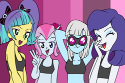 Size: 1280x853 | Tagged: safe, artist:lirudraw, imported from derpibooru, kiwi lollipop, photo finish, rarity, supernova zap, human, equestria girls, ^^, arm behind head, bikini, breasts, busty kiwi lollipop, busty photo finish, busty rarity, busty supernova zap, clothes, cute, eyes closed, eyeshadow, goggles, laughing, lidded eyes, looking at you, makeup, open mouth, open smile, raribetes, smiling, smiling at you, swimsuit, the snapshots