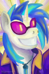 Size: 1200x1800 | Tagged: safe, artist:higvern, imported from derpibooru, dj pon-3, vinyl scratch, unicorn, abstract background, bust, disco elysium, horn, portrait, smiling