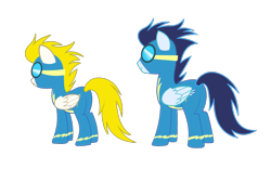 Size: 1000x625 | Tagged: safe, imported from derpibooru, soarin', pegasus, pony, leak, clothes, concept art, duo, my little pony adventures, official, simple background, smiling, surprise (g4), transparent background, uniform, wonderbolts, wonderbolts uniform