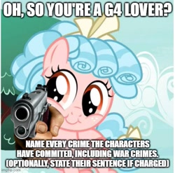 Size: 507x500 | Tagged: safe, edit, edited screencap, imported from derpibooru, screencap, cozy glow, at gunpoint, cozybetes, cute, gun, imgflip, impact font, lightly watermarked, meme, oh so you like x? name every y, op is a duck, pointing at you, suddenly hands, this will not end well, threatening, watermark, weapon