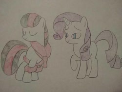 Size: 1040x780 | Tagged: safe, artist:arrowsweetie, imported from derpibooru, rarity, oc, oc:red arrow, pegasus, pony, unicorn, clothes, duo, eyes closed, female, horn, lidded eyes, looking at each other, looking at someone, mare, robe, smiling, smiling at each other