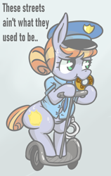 Size: 1136x1800 | Tagged: safe, artist:shrimpshogun, imported from derpibooru, copper top, earth pony, pony, badge, bipedal, chewing, clothes, cuffs, donut, eating, fat, food, hat, necktie, overweight, peaked cap, police, segway, simple background, socks, standing up, thigh highs, thighs, tight clothing