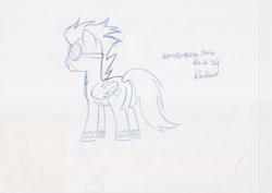 Size: 3507x2480 | Tagged: safe, imported from derpibooru, pegasus, pony, leak, clothes, concept art, male, my little pony adventures, official, pencil drawing, rear view, sketch, solo, stallion, traditional art, uniform, wonderbolts uniform