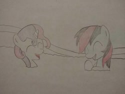 Size: 1040x780 | Tagged: safe, artist:arrowsweetie, imported from derpibooru, sweetie belle, oc, oc:red arrow, pegasus, pony, unicorn, ^^, bath, duo, eyes closed, female, filly, foal, giggling, horn, laughing, looking at each other, looking at someone, mare, open mouth, open smile, smiling, smiling at each other, wet, wet mane