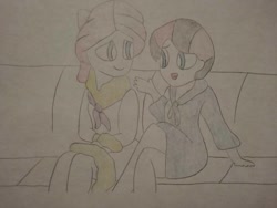 Size: 1040x780 | Tagged: safe, artist:arrowsweetie, imported from derpibooru, rarity, oc, oc:red arrow, human, equestria girls, clothes, duo, female, looking at each other, looking at someone, open mouth, open smile, robe, sitting, sitting together, smiling, smiling at each other, spa, steam room, towel, towel on head, traditional art