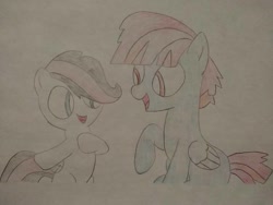 Size: 1040x780 | Tagged: safe, artist:arrowsweetie, imported from derpibooru, windy whistles, oc, oc:red arrow, pegasus, pony, cute, duo, female, filly, foal, hoof on chest, looking at each other, looking at someone, mare, ocbetes, open mouth, open smile, smiling, smiling at each other, traditional art, windybetes