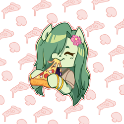 Size: 1350x1350 | Tagged: safe, artist:ladytremaine, imported from derpibooru, oc, oc only, oc:lamey, lamia, original species, bracelet, clothes, commission, eating, eyes closed, flower, flower in hair, food, gold bracelet, happy, jewelry, long mane, pizza, solo, ych result