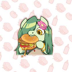 Size: 1350x1350 | Tagged: safe, artist:ladytremaine, imported from derpibooru, oc, oc only, oc:lamey, lamia, original species, bracelet, burger, clothes, commission, eating, flower, flower in hair, food, gold bracelet, happy, jewelry, long mane, solo, ych result