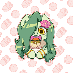 Size: 1350x1350 | Tagged: safe, artist:ladytremaine, imported from derpibooru, oc, oc only, oc:lamey, lamia, original species, bracelet, burrito, clothes, commission, eating, flower, flower in hair, food, gold bracelet, happy, jewelry, long mane, open mouth, solo, ych result