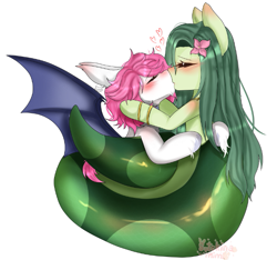 Size: 683x639 | Tagged: safe, artist:sutekinamimi, imported from derpibooru, oc, oc:clumsy von heim, oc:lamey, lamia, original species, undead, vampire, vampony, blushing, closed species, cuddling, gem eyed dracula race, kissing