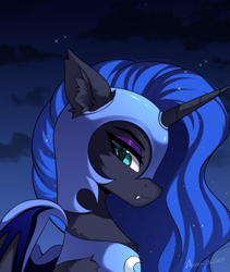 Size: 853x1009 | Tagged: safe, artist:airiniblock, imported from derpibooru, nightmare moon, alicorn, pony, armor, bat wings, chest fluff, cloud, ear fluff, eyebrows, fangs, horn, icon, jewelry, night, regalia, sky, solo, wings