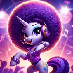 Size: 1024x1024 | Tagged: safe, imported from derpibooru, rarity, unicorn, afro, ai content, ai generated, alternate cutie mark, clothes, disco ball, generator:bing image creator, generator:dall-e 3, headphones, horn, music notes, prompter:heydude5321