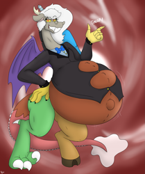 Size: 1753x2101 | Tagged: safe, artist:theimmortalwolf, imported from derpibooru, discord, draconequus, belly, belly button, big belly, bowtie, clothes, eris, finger snap, grin, outie belly button, pregnant, rule 63, smiling