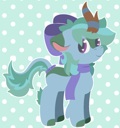 Size: 1152x1230 | Tagged: safe, artist:mimiqq, imported from derpibooru, oc, oc only, oc:dewshine (kirin), kirin, bow, clothes, female, hair bow, kirin oc, lineless, mare, pattern, patterned background, polka dot background, polka dots, scarf, smiling, solo, solo female, tail, tail bow