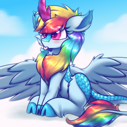 Size: 2000x2000 | Tagged: safe, artist:shad0w-galaxy, imported from derpibooru, rainbow dash, kirin, pegasus, winged kirin, :p, big eyes, blushing, cheek fluff, chest fluff, clothes, cloud, cute, dashabetes, ear fluff, female, high res, horn, kirin hybrid, kirin rainbow dash, kirin-ified, mare, on a cloud, patreon, patreon reward, scales, sitting, solo, species swap, tongue out, unshorn fetlocks