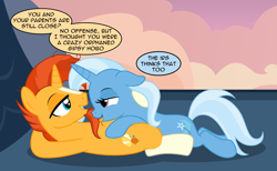 Size: 3088x1904 | Tagged: safe, artist:badumsquish, derpibooru exclusive, imported from derpibooru, part of a set, sunburst, trixie, pony, unicorn, beard, bedroom eyes, blaze (coat marking), coat markings, cuddling, dialogue, duo, eye contact, facial hair, facial markings, female, floppy ears, hanging out, hooves behind head, horn, implied jack pot, looking at each other, looking at someone, lying down, male, mare, mountain, on back, outdoors, prone, roof, rooftop, school of friendship, shipping, show accurate, smiling, snuggling, socks (coat markings), sploot, stallion, straight, talking, tax evasion, trixburst