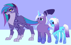 Size: 3375x2122 | Tagged: safe, artist:aztrial, imported from derpibooru, big cat, leopard, pony, snow leopard, allura, auroricorn, comet (g5), female, g5, g5 to g4, generation leap, high res, male, mare, stallion, trio, unitober 2024, violet frost