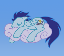 Size: 777x675 | Tagged: safe, artist:acura, imported from derpibooru, soarin', pegasus, cloud, male, simple background, sleeping, solo, stallion