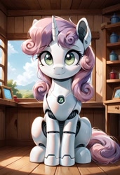 Size: 800x1169 | Tagged: safe, imported from derpibooru, sweetie belle, pony, robot, robot pony, unicorn, :3, ai content, ai generated, female, filly, foal, generator:pony diffusion v6 xl, generator:stable diffusion, gynoid, horn, indoors, looking at you, prompter:gregorymars, roboticization, sitting, smiling, smiling at you, solo, sweetie bot