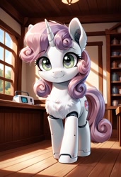 Size: 800x1169 | Tagged: safe, imported from derpibooru, sweetie belle, pony, robot, robot pony, unicorn, :3, ai content, ai generated, chest fluff, female, filly, foal, generator:pony diffusion v6 xl, generator:stable diffusion, gynoid, horn, indoors, looking at you, prompter:gregorymars, roboticization, smiling, smiling at you, solo, sweetie bot