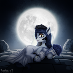 Size: 1602x1602 | Tagged: safe, artist:zedaval, imported from derpibooru, oc, oc only, oc:inky noire, earth pony, pony, bouquet, bouquet of flowers, bridesmaid dress, clothes, corpse bride, costume, dress, flower, full moon, moon, nightmare night, solo