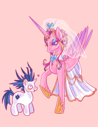 Size: 2550x3300 | Tagged: safe, artist:ashley-the-muffin, imported from derpibooru, princess cadance, shining armor, alicorn, pony, unicorn, clothes, dress, duo, female, heart, height difference, horn, male, mare, meme, shiningcadance, shipping, simple background, stallion, straight, the bride and the ugly ass groom, toy interpretation, wedding dress