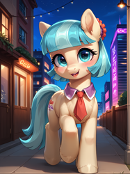 Size: 2296x3062 | Tagged: safe, generator:ponydiffusion, imported from derpibooru, coco pommel, earth pony, pony, ai content, ai generated, blushing, building, clothes, cocobetes, cute, generator:stable diffusion, looking at you, necktie, prompter:lager ai, raised hoof, solo, street