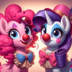 Size: 1024x1024 | Tagged: safe, imported from derpibooru, pinkie pie, rarity, earth pony, unicorn, ai content, ai generated, alternate cutie mark, bowtie, clothes, clown, clown nose, duo, female, generator:bing image creator, generator:dall-e 3, hat, horn, makeup, mare, prompter:heydude5321, red nose