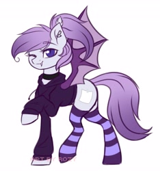 Size: 3826x4096 | Tagged: safe, artist:rozy, imported from derpibooru, oc, oc:hawrs, bat pony, choker, clothes, ear piercing, female, hoodie, looking at you, mare, piercing, purple eyes, purple mane, smiling, smiling at you, socks, standing