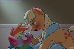 Size: 3000x1996 | Tagged: safe, artist:simpledoggoarts, imported from derpibooru, applejack, rainbow dash, earth pony, pony, appledash, blushing, blushing profusely, duo, duo female, ear blush, face to face, female, hatless, hooves on shoulders, indoors, lesbian, lidded eyes, light, looking at each other, looking at someone, lying down, mare, missing accessory, on top, open mouth, shipping, signature, wavy mouth, wide eyes