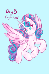 Size: 1365x2048 | Tagged: safe, artist:mscolorsplash, imported from derpibooru, princess flurry heart, alicorn, crystal pony, pony, crystallized, female, flying, light blue background, mare, no pupils, older, older flurry heart, simple background, solo, spread wings, wings