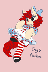 Size: 1365x2048 | Tagged: safe, artist:mscolorsplash, imported from derpibooru, earth pony, original species, plush pony, pony, bow, clothes, dress, female, hair bow, mare, no iris, open mouth, pink background, plushie, ponified, raggedy ann, simple background, socks, solo, striped socks