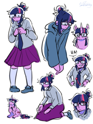 Size: 900x1200 | Tagged: safe, artist:sadscruffy, imported from derpibooru, sci-twi, twilight sparkle, human, pony, unicorn, equestria girls, clothes, equestria girls ponified, female, glasses, hair bun, hoodie, kneeling, kneesocks, laughing, mare, necktie, simple background, skirt, socks, solo, unicorn sci-twi, white background