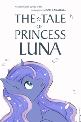 Size: 3200x4800 | Tagged: safe, artist:symbianl, imported from derpibooru, princess luna, alicorn, pony, bust, female, horn, looking up, mare, movie poster, open mouth, parody, poster parody, profile, simple background, solo, studio ghibli, white background