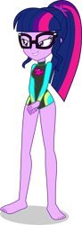 Size: 1525x4164 | Tagged: safe, alternate version, artist:dustinwatsongkx, edit, imported from derpibooru, sci-twi, twilight sparkle, human, equestria girls, accessory swap, barefoot, clothes, clothes swap, feet, female, fluttershy's one-piece swimsuit, fluttershy's swimsuit, fluttershy's wetsuit, legless, long sleeves, my little pony equestria girls: better together, one-piece swimsuit, simple background, solo, swimsuit, swimsuit edit, swimsuit swap, transparent background, vector