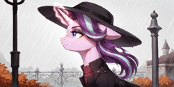 Size: 2400x1200 | Tagged: safe, imported from derpibooru, starlight glimmer, pony, unicorn, ai content, ai generated, autumn, bust, horn, portrait, prompter:greesys, solo