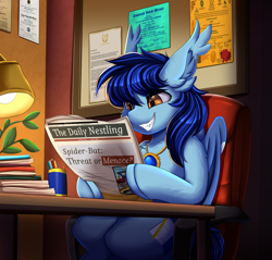 Size: 2640x2528 | Tagged: safe, artist:pridark, imported from derpibooru, oc, oc only, oc:lunar dusk, bat pony, pony, bat pony oc, bat wings, lamp, male, newspaper, office, solo, stallion, wings