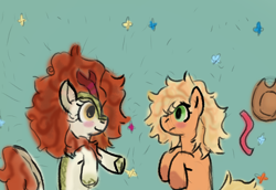 Size: 1450x1000 | Tagged: safe, artist:zoeyhorse, imported from derpibooru, applejack, autumn blaze, earth pony, kirin, pony, autumnjack, blushing, duo, duo female, female, hat off, lesbian, looking at each other, looking at someone, loose hair, lying down, mare, on side, overhead view, shipping, smiling