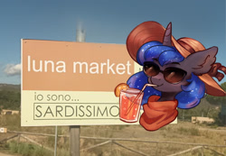 Size: 1790x1242 | Tagged: safe, artist:polnocnykot, imported from derpibooru, princess luna, alicorn, pony, bow, clothes, ear fluff, female, food, glass, glasses, hat, horn, irl, italian, italy, juice, market, orange, orange juice, photo, proud, scarf, smiling, solo, summer hat, sunglasses