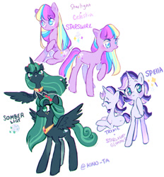 Size: 1280x1378 | Tagged: safe, artist:kino-ta, imported from derpibooru, oc, oc only, oc:somber, oc:starswirl, oc:stella, alicorn, earth pony, pony, unicorn, alicorn oc, earth pony oc, horn, magical lesbian spawn, offspring, parent:princess celestia, parent:starlight glimmer, parent:trixie, parent:twilight sparkle, parents:startrix, parents:twilestia, unicorn oc, wings