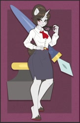 Size: 589x905 | Tagged: safe, artist:inkkeystudios, imported from derpibooru, raven, anthro, unicorn, ascot, ascot tie, blushing, clothes, cute, cutie mark, glasses, hair bun, hand on hip, horn, looking at you, pencil skirt, ravenbetes, removing glasses, secretary, skirt, solo