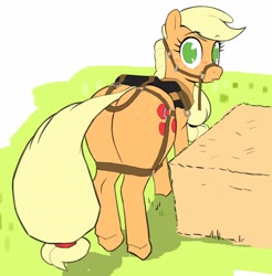 Size: 4034x4096 | Tagged: safe, artist:_ton618_, imported from derpibooru, applejack, earth pony, pony, applebutt, blush lines, blushing, butt, butt freckles, eyebrows, eyebrows visible through hair, female, freckles, hatless, large butt, looking at you, looking back, looking back at you, mare, missing accessory, no pupils, plot, rear view, reins, saddle, simple background, solo, tack, white background